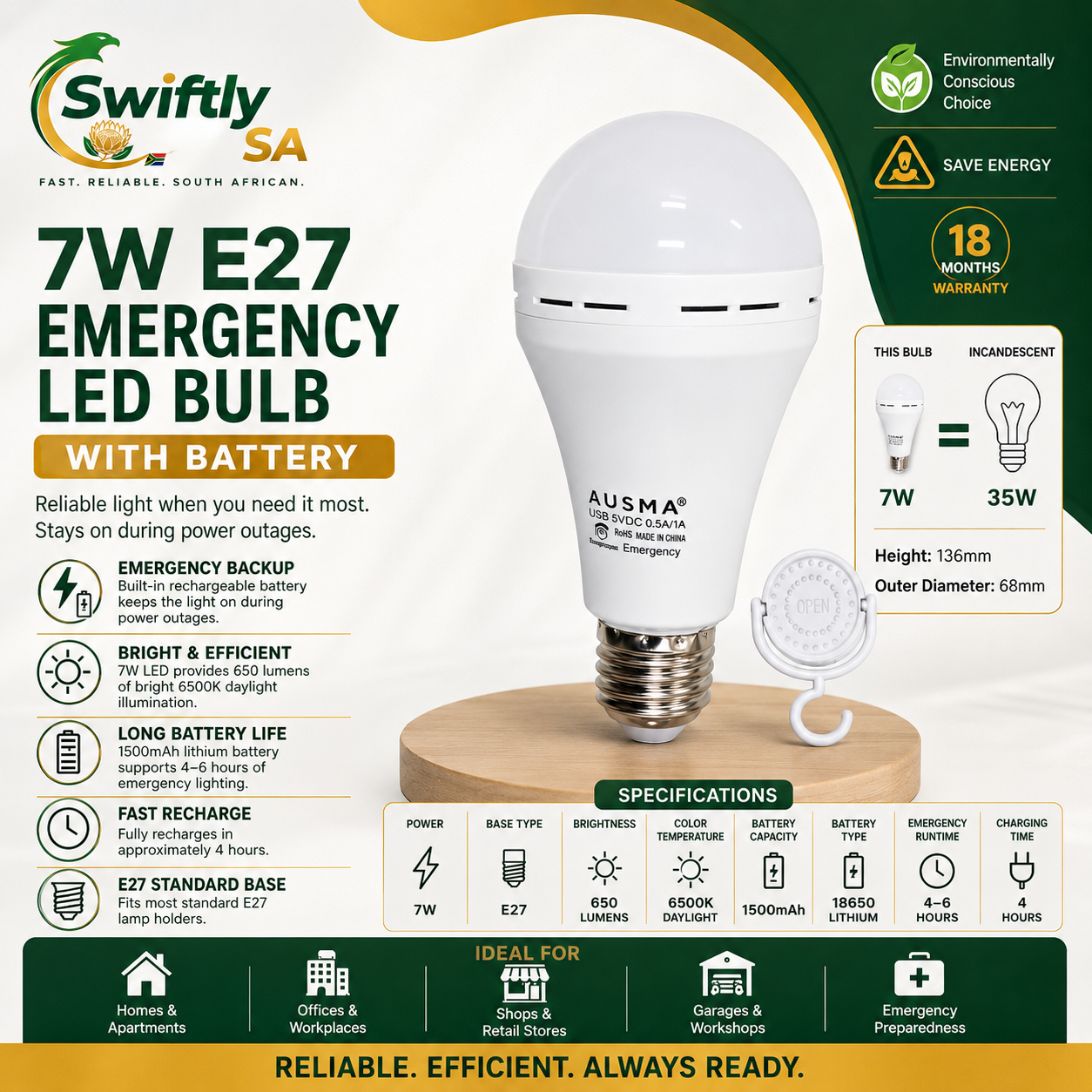 AUSMA 7W B22 Emergency LED Bulb with Rechargeable Battery